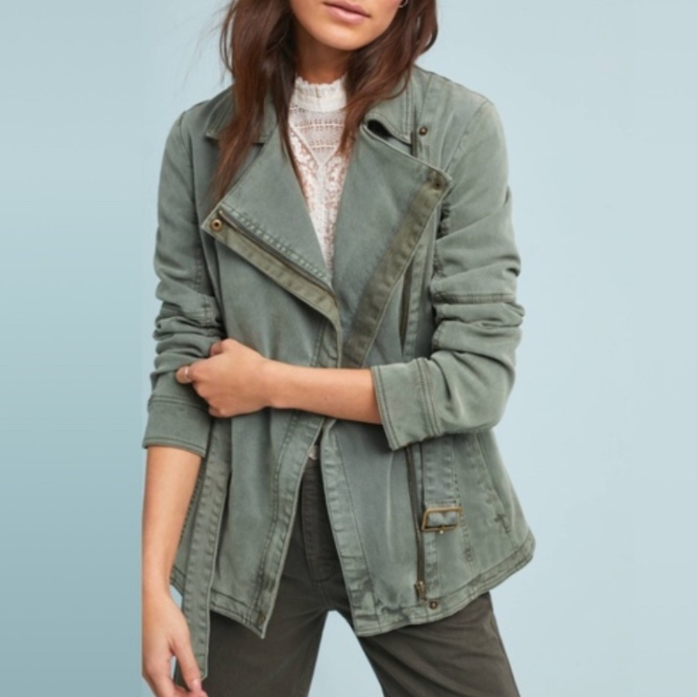 ANTROPOLOGIE ARMY OLIVE MOTO FULL ZIP BELTED BOHO MOTORCYCLE JACKET MID LENGTH L